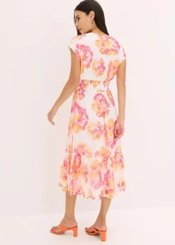 bonprix Bekleidung·Pullover & Strickjacken|Kleider|bedrucktes Midikleid weiß/pink floral