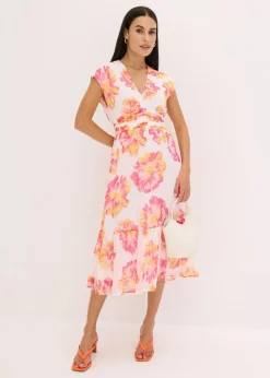 bonprix Bekleidung·Pullover & Strickjacken|Kleider|bedrucktes Midikleid weiß/pink floral