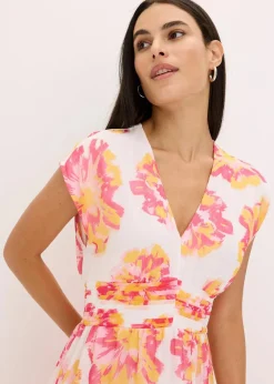 bonprix Bekleidung·Pullover & Strickjacken|Kleider|bedrucktes Midikleid weiß/pink floral