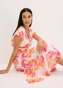 bonprix Bekleidung·Pullover & Strickjacken|Kleider|bedrucktes Midikleid weiß/pink floral