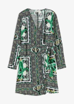 bonprix Bekleidung·Pullover & Strickjacken|Kleider|bedrucktes Satin-Wickelkleid schwarz bedruckt