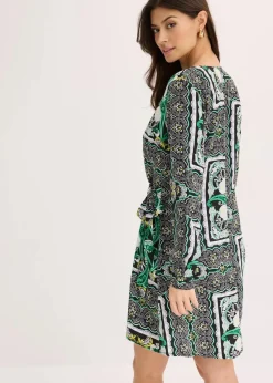 bonprix Bekleidung·Pullover & Strickjacken|Kleider|bedrucktes Satin-Wickelkleid schwarz bedruckt