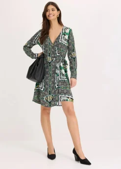 bonprix Bekleidung·Pullover & Strickjacken|Kleider|bedrucktes Satin-Wickelkleid schwarz bedruckt