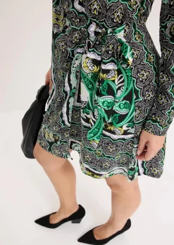 bonprix Bekleidung·Pullover & Strickjacken|Kleider|bedrucktes Satin-Wickelkleid schwarz bedruckt