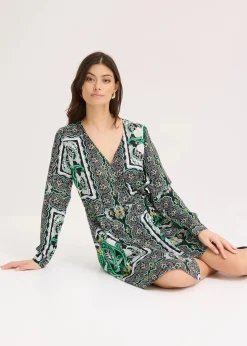 bonprix Bekleidung·Pullover & Strickjacken|Kleider|bedrucktes Satin-Wickelkleid schwarz bedruckt