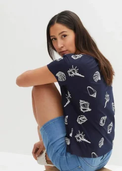 bonprix Shirts & Tops|Nachhaltigere Materialien|Bedrucktes Shirt mit Rundhalsausschnitt aus Bio-Baumwolle dunkelblau bedruckt
