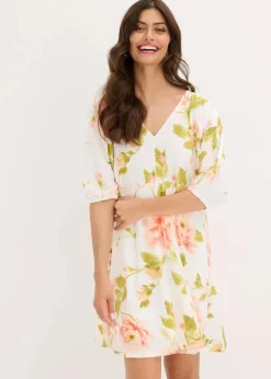 bonprix Bekleidung·Pullover & Strickjacken|Kleider|bedrucktes Tunika-Kleid aus fließender Viskose weiß/melba/helllachs geblümt