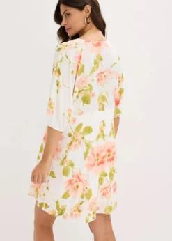 bonprix Bekleidung·Pullover & Strickjacken|Kleider|bedrucktes Tunika-Kleid aus fließender Viskose weiß/melba/helllachs geblümt
