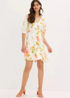 bonprix Bekleidung·Pullover & Strickjacken|Kleider|bedrucktes Tunika-Kleid aus fließender Viskose weiß/melba/helllachs geblümt