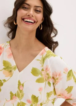 bonprix Bekleidung·Pullover & Strickjacken|Kleider|bedrucktes Tunika-Kleid aus fließender Viskose weiß/melba/helllachs geblümt