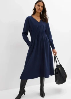 bonprix Kleider|Bekleidung·Pullover & Strickjacken|Bequemes Kleid mit Zierfalten aus Viskose-Mix dunkelblau