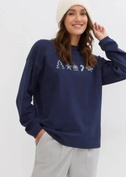 bonprix Shirts & Tops|Besticktes Weihnachts-Langarmshirt, oversized dunkelblau
