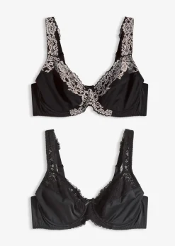 bonprix Wäsche·Dessous|Wäsche·Große Cups D-H|Bügel-BH mit gepolsterten Trägern (2er Pack) schwarz/wollweiß + schwarz