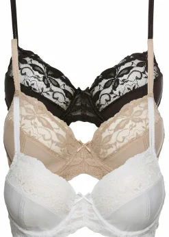 bonprix Große Cups D-H|Nachhaltigere Materialien|Bügel-BH mit zarter Spitze (3er Pack) schwarz + weiß + kreidebeige