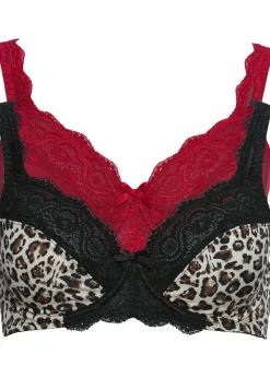 bonprix Große Cups D-H|Nachhaltigere Materialien|Bügel-BH mit zarter Spitze (2er Pack) schwarz/leo bedruckt + dunkelrot