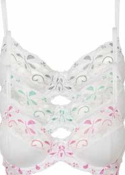 bonprix Große Cups D-H|Nachhaltigere Materialien|Bügel-BH mit zarter Spitze (3er Pack) weiß/pink + weiß/grau + weiß/tuerkis