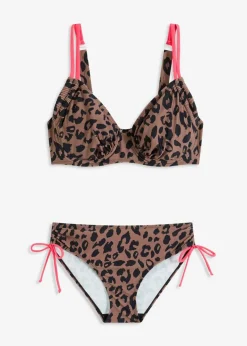 bonprix Große Cups D-F|Nachhaltigere Materialien|Bügel-Bikini mit Bindebändern (2-tlg.Set) beige/schwarz leo bedruckt