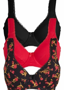 bonprix Wäsche·Baumwollunterwäsche|Wäsche·Große Cups D-H|BH mit Bügel aus Bio-Baumwolle (3er Pack) schwarz geblümt + granatrot + schwarz