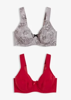 bonprix Wäsche·Große Cups D-H|Wäsche·Bhs|BH mit Bügel mit Bio-Baumwolle (2er Pack) schwarz/grau bedruckt +abendrot