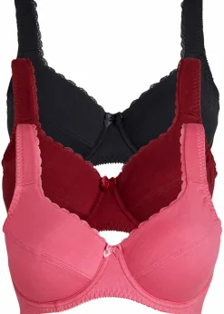 bonprix Große Cups D-H|Bhs|BH mit Bügel mit weicher Bio-Baumwolle (3er Pack) schwarz + rhododendronrot + flamingopink