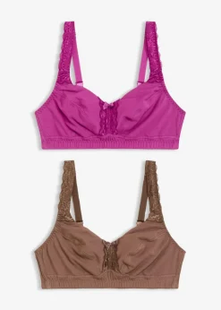 bonprix Bhs|Baumwollunterwäsche|BH ohne Bügel (2er Pack) dunkelfuchsia+lehmbraun