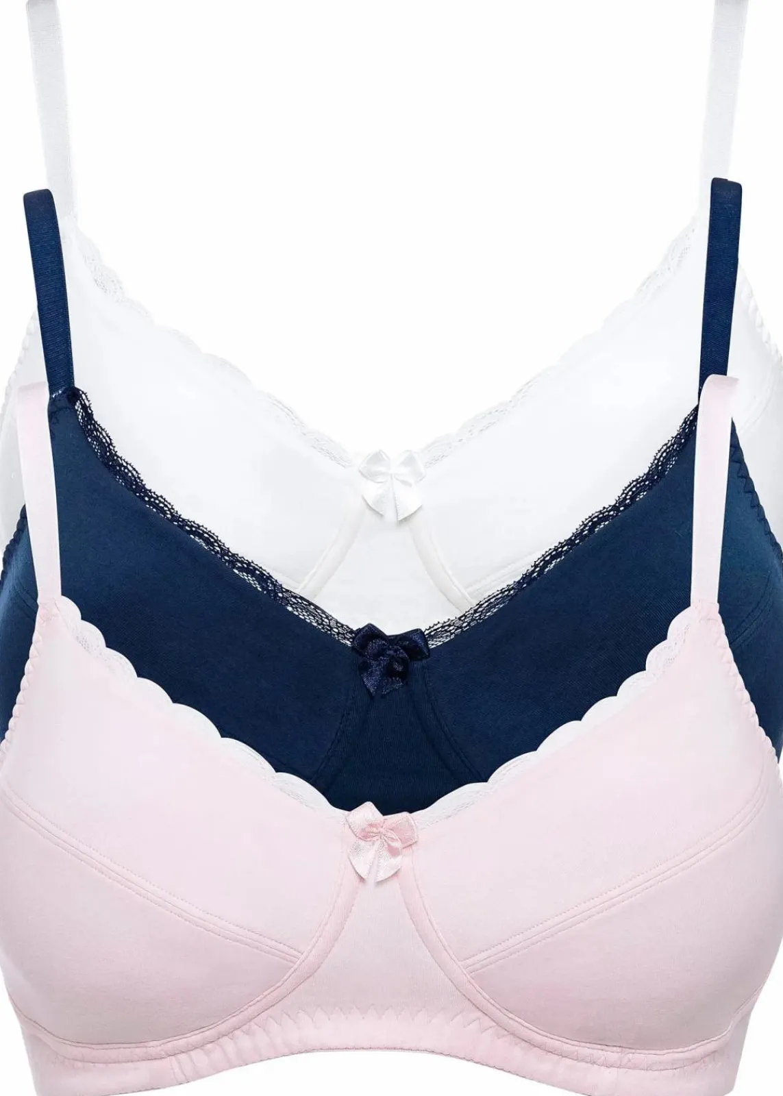 bonprix Große Cups D-H|Bhs|BH ohne Bügel mit Baumwolle (3er Pack) hellrosa + dunkelblau + ecru