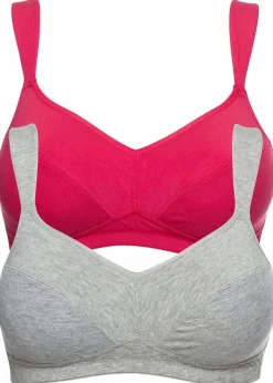 bonprix Große Cups D-H|Nachhaltigere Materialien|BH ohne Bügel mit Bio-Baumwolle (2er Pack) hibiskuspink + hellgrau meliert