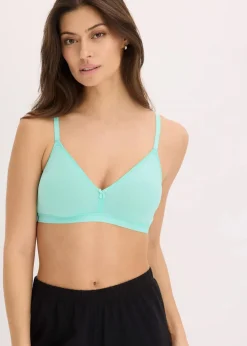 bonprix Baumwollunterwäsche|Nachhaltigere Materialien|BH ohne Bügel mit Bio-Baumwolle (3er Pack) sandbeige + schwarz + mentholblau