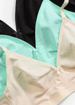 bonprix Baumwollunterwäsche|Nachhaltigere Materialien|BH ohne Bügel mit Bio-Baumwolle (3er Pack) sandbeige + schwarz + mentholblau