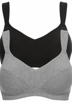 bonprix Große Cups D-H|Nachhaltigere Materialien|BH ohne Bügel mit Bio-Baumwolle (2er Pack) schwarz + hellgrau meliert