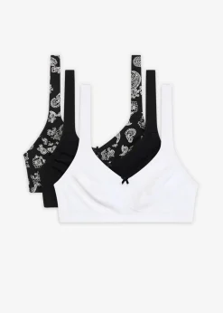 bonprix Wäsche·Baumwollunterwäsche|Wäsche·Große Cups D-H|BH ohne Bügel mit Bio-Baumwolle (3er Pack) schwarz paisley+wollweiß+schwarz