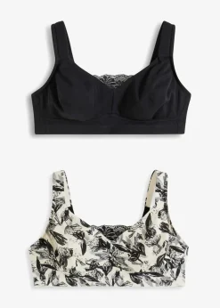 bonprix Wäsche·Baumwollunterwäsche|Wäsche·Große Cups D-H|BH ohne Bügel mit Bio-Baumwolle (2er Pack) naturbeige/schwarz geblümt + schwarz