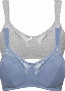 bonprix Große Cups D-H|Nachhaltigere Materialien|BH ohne Bügel mit Bio-Baumwolle (2er Pack) graumelange + mattblau