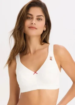 bonprix Wäsche·Baumwollunterwäsche|Wäsche·Große Cups D-H|BH ohne Bügel mit Bio-Baumwolle (2er Pack) ecru bedruckt + rot kariert 