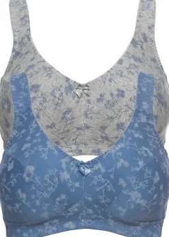 bonprix Große Cups D-H|Nachhaltigere Materialien|BH ohne Bügel mit weicher Bio-Baumwolle (2er Pack) jeansblau + graumelange geblümt