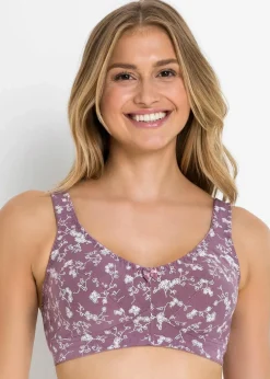 bonprix Große Cups D-H|Nachhaltigere Materialien|BH ohne Bügel mit weicher Bio-Baumwolle (2er Pack) mattlavendel geblümt + weiß geblümt