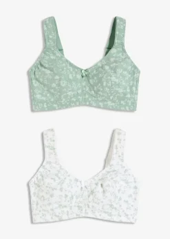 bonprix Große Cups D-H|Nachhaltigere Materialien|BH ohne Bügel mit weicher Bio-Baumwolle (2er Pack) pastellgrün + weiß geblümt