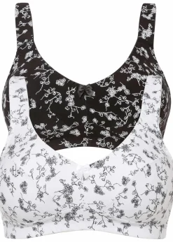 bonprix Große Cups D-H|Nachhaltigere Materialien|BH ohne Bügel mit weicher Bio-Baumwolle (2er Pack) schwarz + weiß geblümt