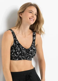 bonprix Große Cups D-H|Nachhaltigere Materialien|BH ohne Bügel mit weicher Bio-Baumwolle (2er Pack) schwarz + weiß geblümt