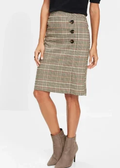 bonprix Bekleidung·Sportbekleidung|Röcke|Bleistiftrock mit Knöpfen hellbraun kariert