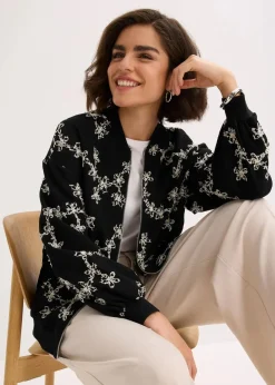 bonprix Bekleidung·Hosen|Jacken & Mäntel|Blouson mit Stickerei schwarz geblümt