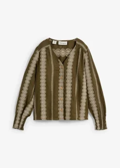 bonprix Bekleidung·Jacken & Mäntel|Premium|Bluse aus reinem Leinen dunkeloliv/kieselbeige