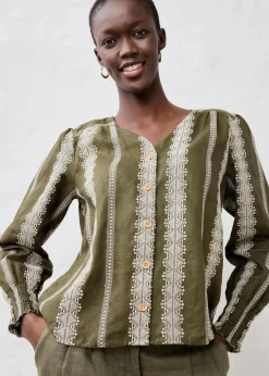 bonprix Bekleidung·Jacken & Mäntel|Premium|Bluse aus reinem Leinen dunkeloliv/kieselbeige