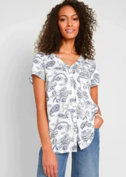 bonprix Bekleidung·Jacken & Mäntel|Blusen & Tuniken|Bluse, Kurzarm wollweiß/indigo Paisley