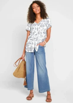 bonprix Bekleidung·Jacken & Mäntel|Blusen & Tuniken|Bluse, Kurzarm wollweiß/indigo Paisley