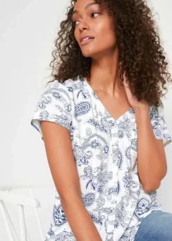 bonprix Bekleidung·Jacken & Mäntel|Blusen & Tuniken|Bluse, Kurzarm wollweiß/indigo Paisley