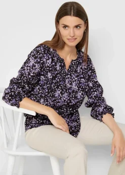 bonprix Bekleidung·Jacken & Mäntel|Blusen & Tuniken|Bluse, langarm schwarz/hyazinthenlila geblümt