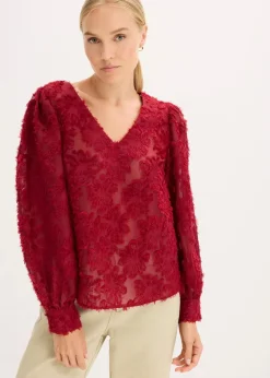bonprix Blusen & Tuniken|Bluse mit floralem Strukturmuster pflaumenrot