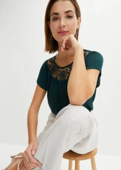 bonprix Bekleidung·Jacken & Mäntel|Blusen & Tuniken|Bluse mit Spitze tiefgrün