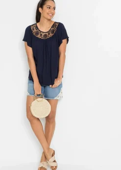 bonprix Nachhaltigere Materialien|Blusen & Tuniken|Bluse mit Spitze dunkelblau